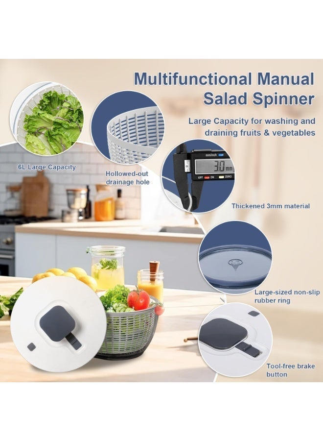 YOONISPRO 6L Large Salad Spinner – One-Hand Pump Design, Effective Lettuce Dryer with Bowl, Easy to Use, Dishwasher Safe, White & Gray - Image 3